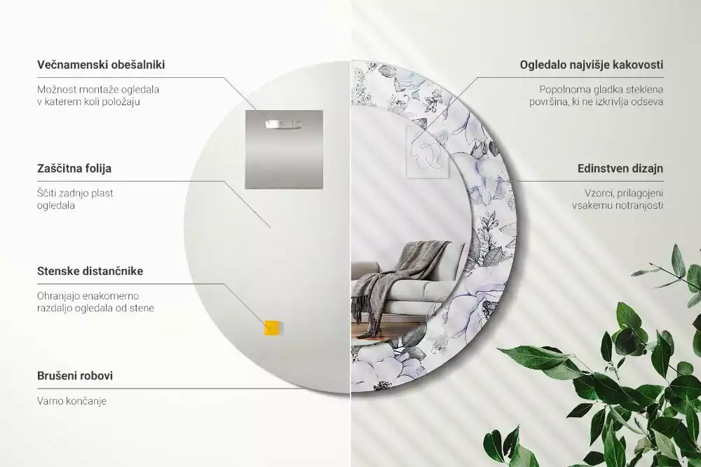 Oglindă rotundă ramă cu imprimeu Trandafiri albaștri