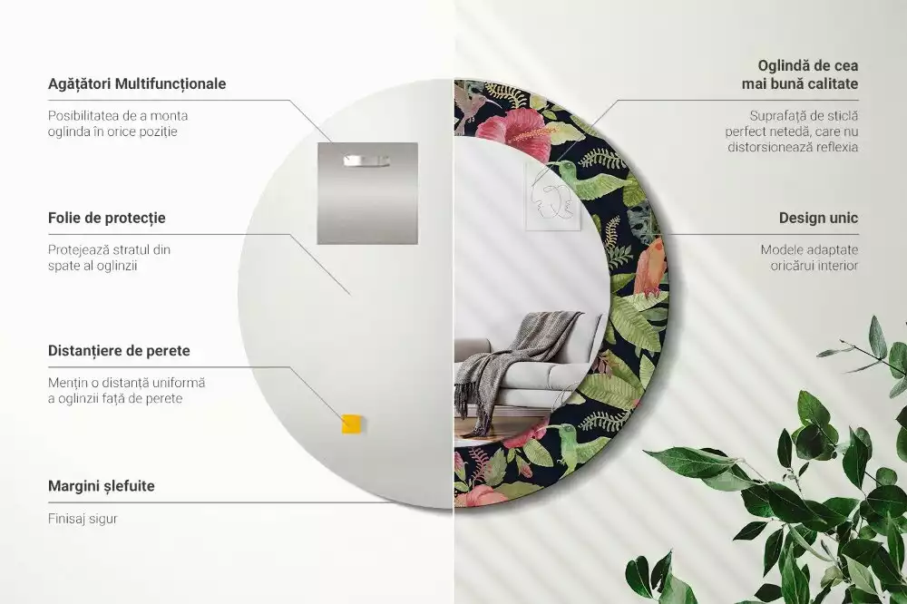 Oglindă rotundă imprimată Flori de hibiscus