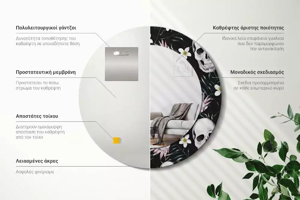 Oglindă cu decor rotundă Cranii cu flori