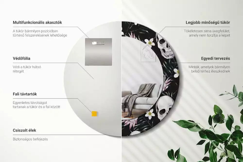 Oglindă cu decor rotundă Cranii cu flori