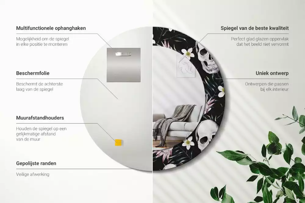 Oglindă cu decor rotundă Cranii cu flori