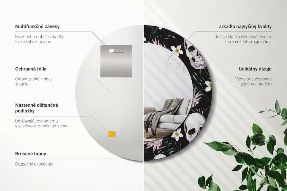 Oglindă cu decor rotundă Cranii cu flori