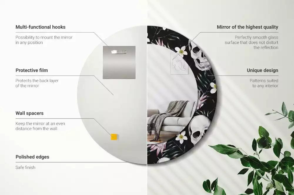Oglindă cu decor rotundă Cranii cu flori