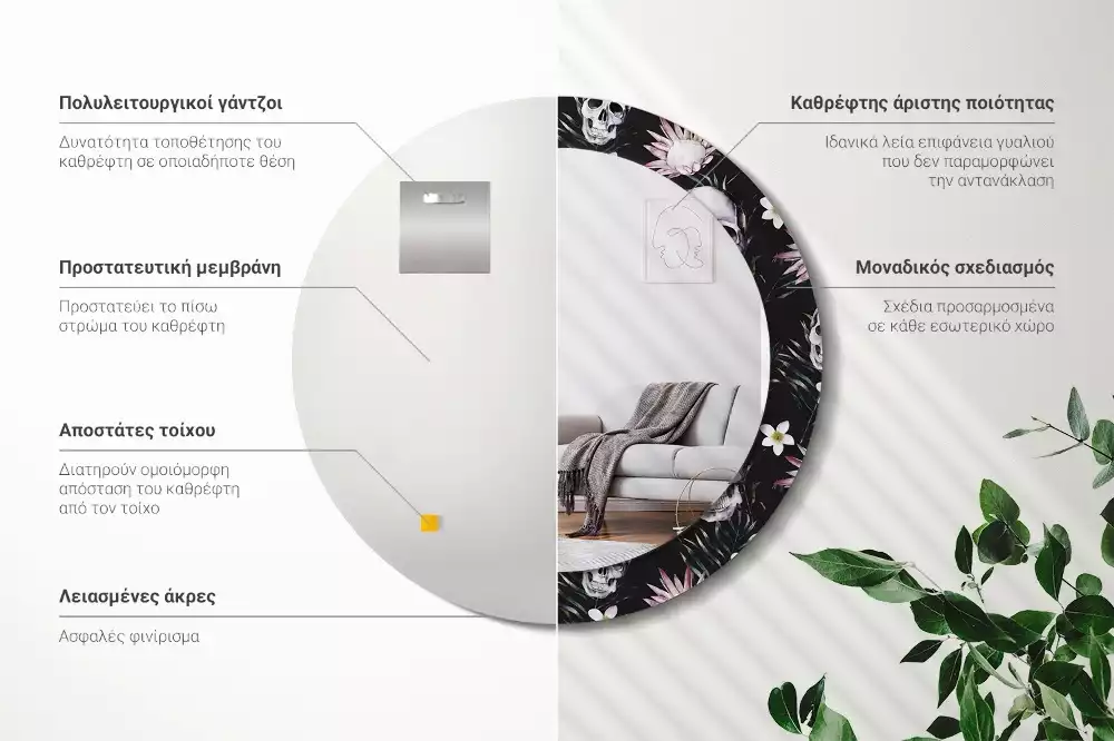 Oglindă cu decor rotundă Cranii cu flori