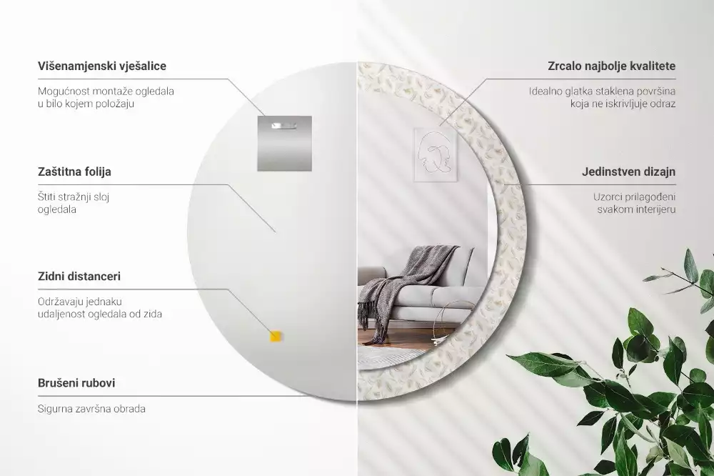 Oglindă rotundă imprimată Pene de pasăre