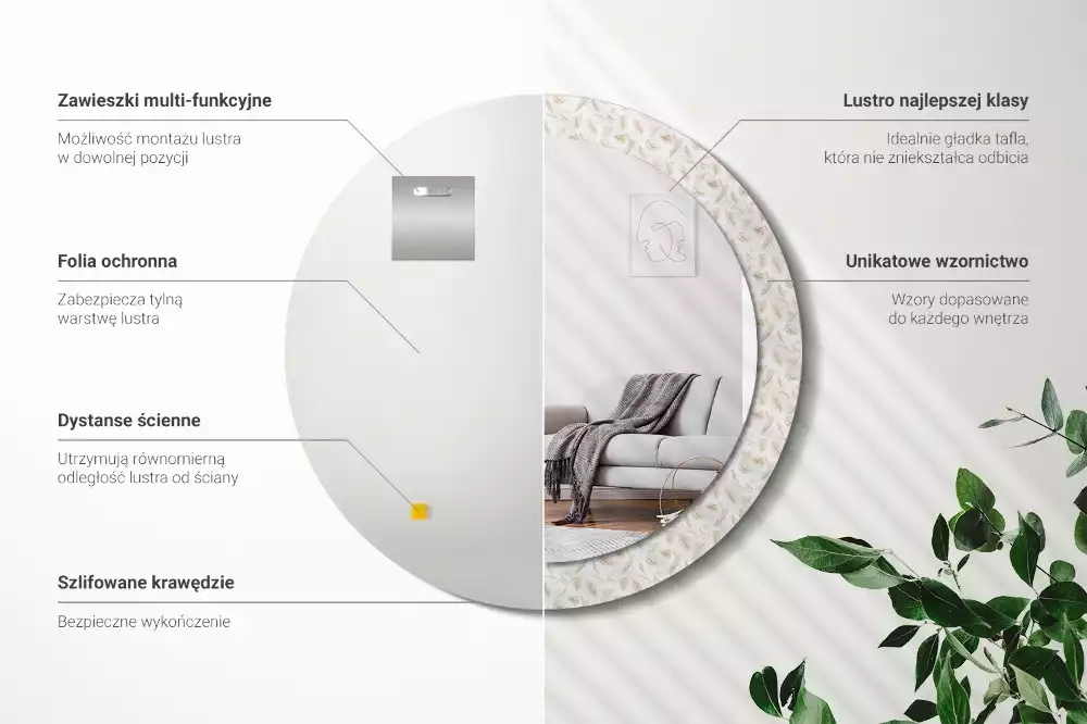 Oglindă rotundă imprimată Pene de pasăre