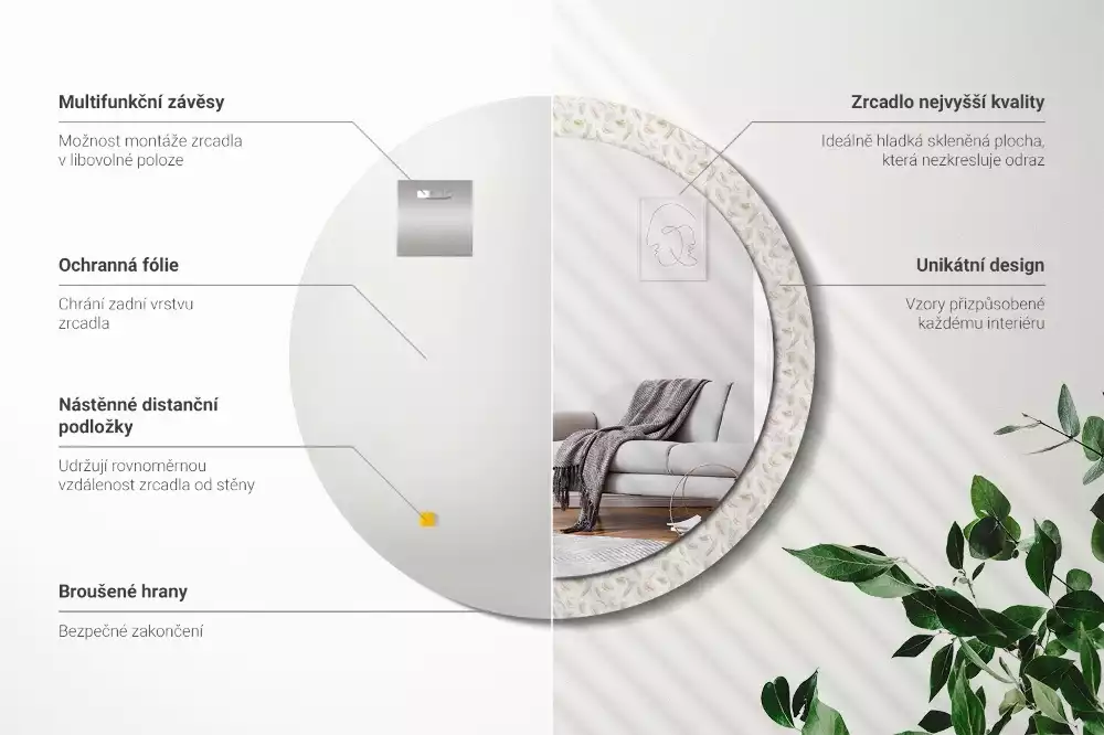 Oglindă rotundă imprimată Pene de pasăre