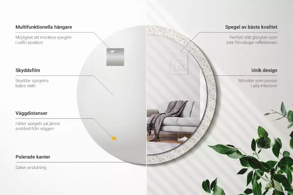 Oglindă rotundă imprimată Pene de pasăre