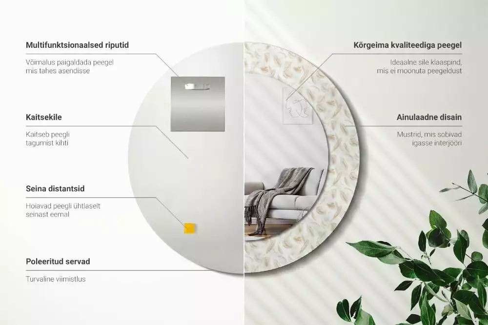 Oglindă rotundă imprimată Pene de pasăre