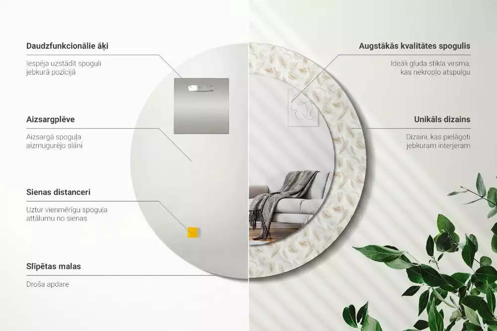 Oglindă rotundă imprimată Pene de pasăre