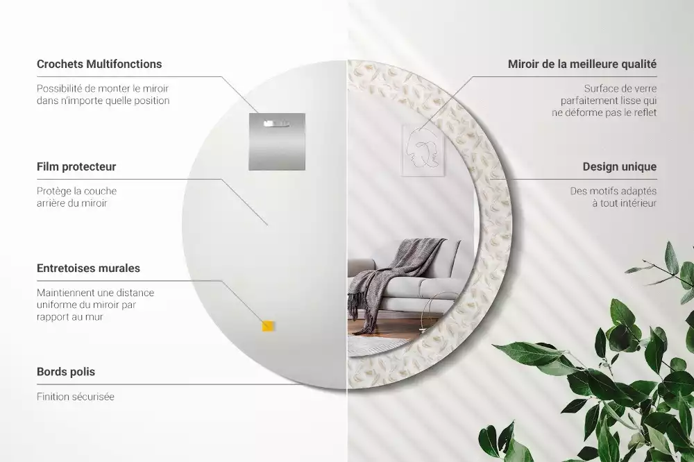 Oglindă rotundă imprimată Pene de pasăre