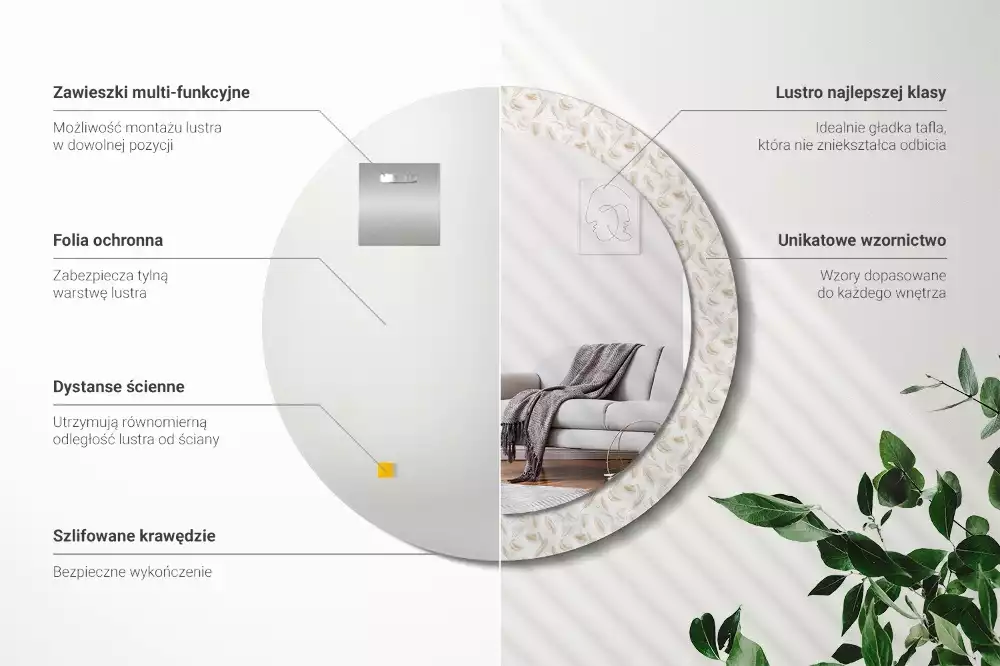 Oglindă rotundă imprimată Pene de pasăre