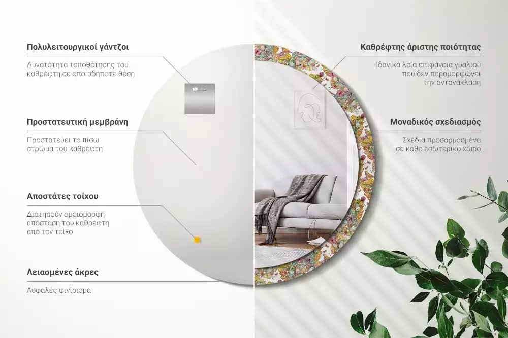 Oglindă rotundă ramă cu imprimeu Flori de poveste