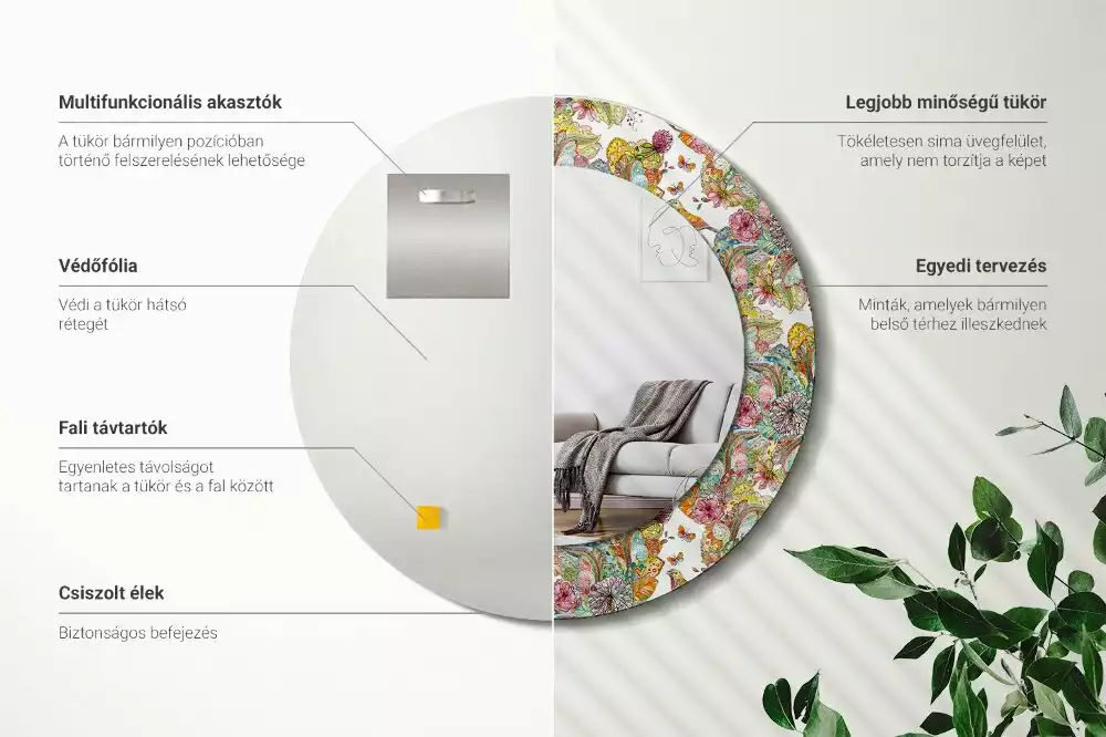 Oglindă rotundă ramă cu imprimeu Flori de poveste