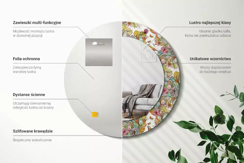 Oglindă rotundă ramă cu imprimeu Flori de poveste