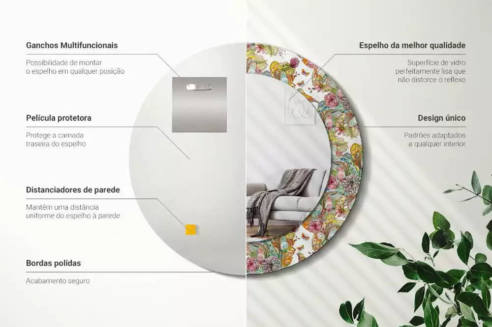Oglindă rotundă ramă cu imprimeu Flori de poveste