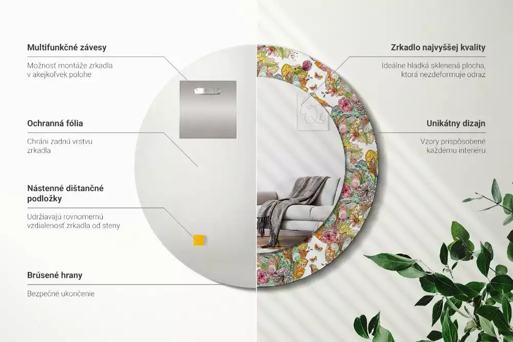 Oglindă rotundă ramă cu imprimeu Flori de poveste