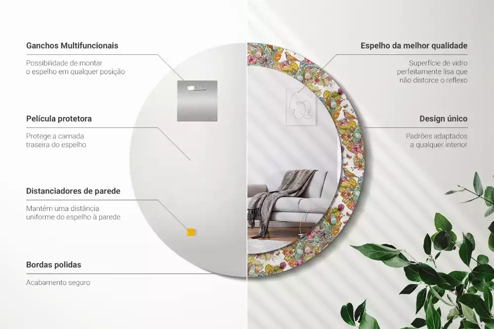 Oglindă rotundă ramă cu imprimeu Flori de poveste