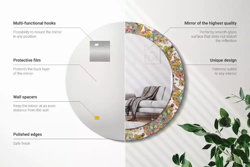 Oglindă rotundă ramă cu imprimeu Flori de poveste