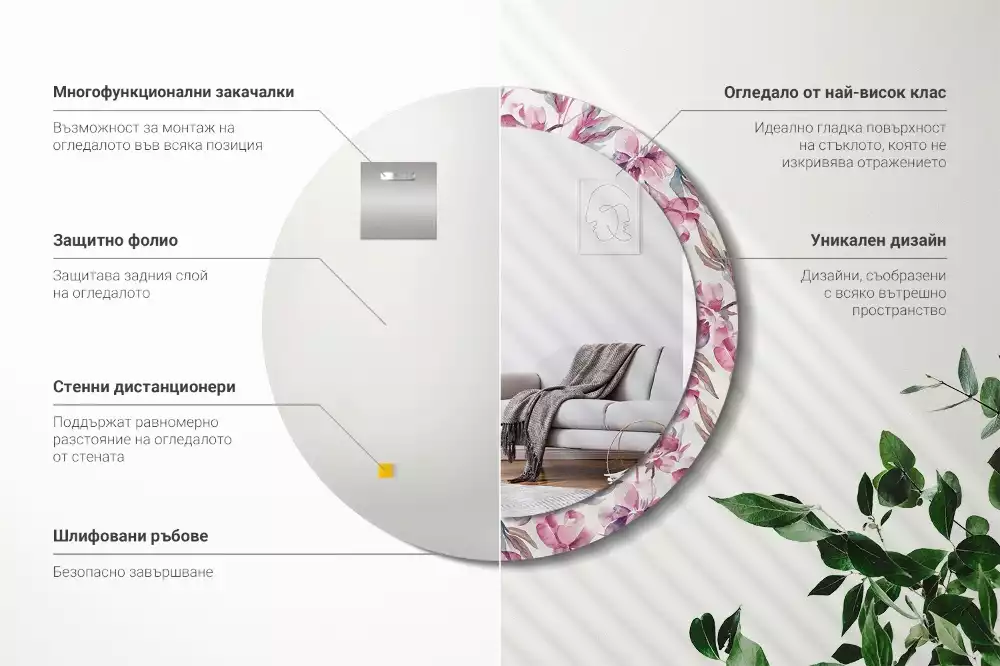 Oglindă cu decor rotundă Bujori flori