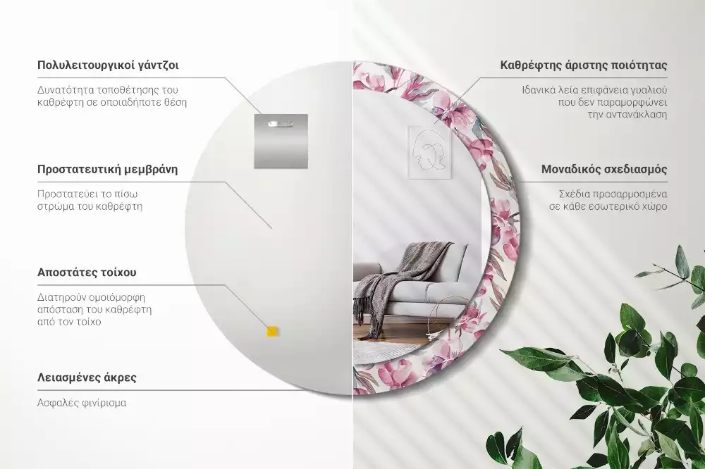 Oglindă cu decor rotundă Bujori flori