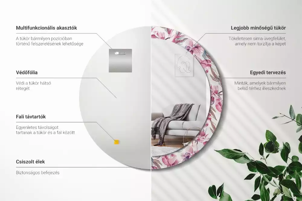 Oglindă cu decor rotundă Bujori flori