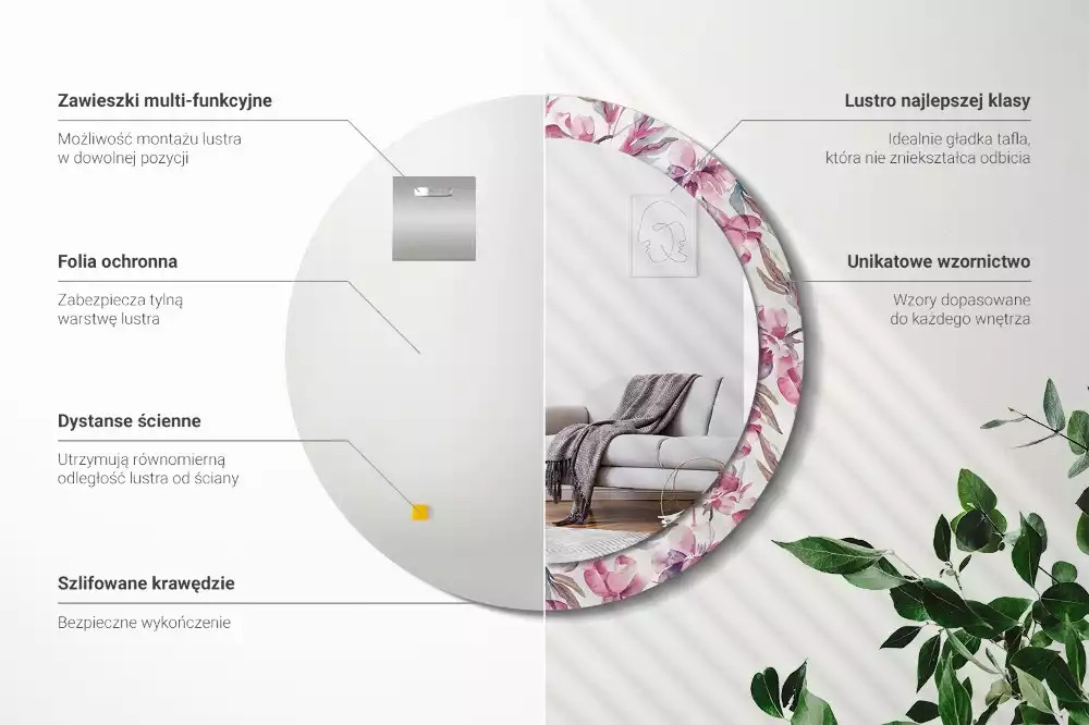 Oglindă cu decor rotundă Bujori flori