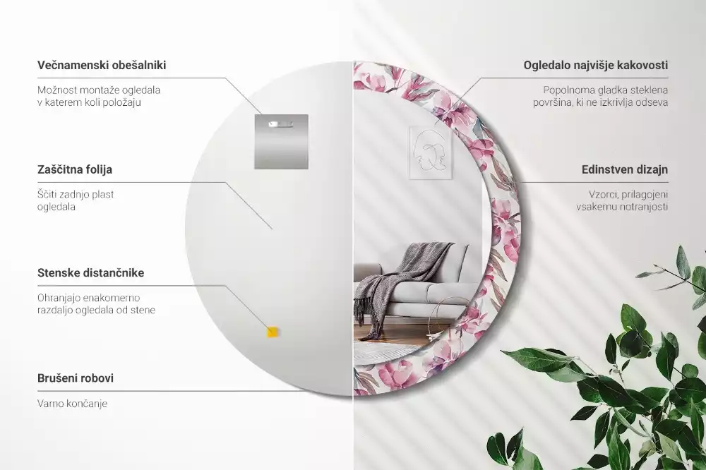 Oglindă cu decor rotundă Bujori flori