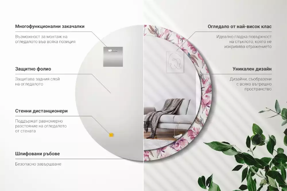 Oglindă cu decor rotundă Bujori flori