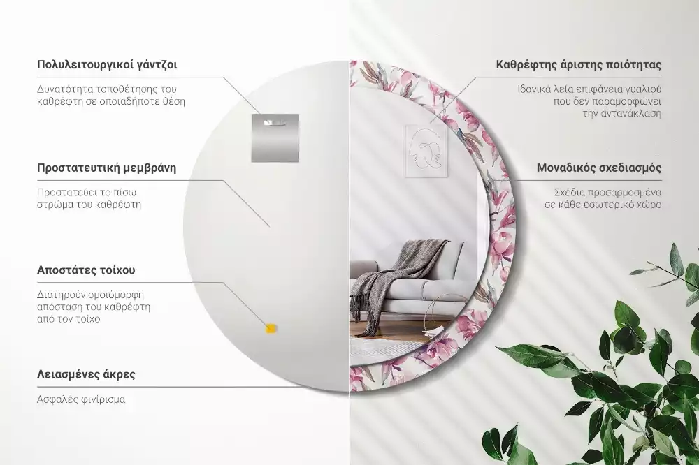 Oglindă cu decor rotundă Bujori flori