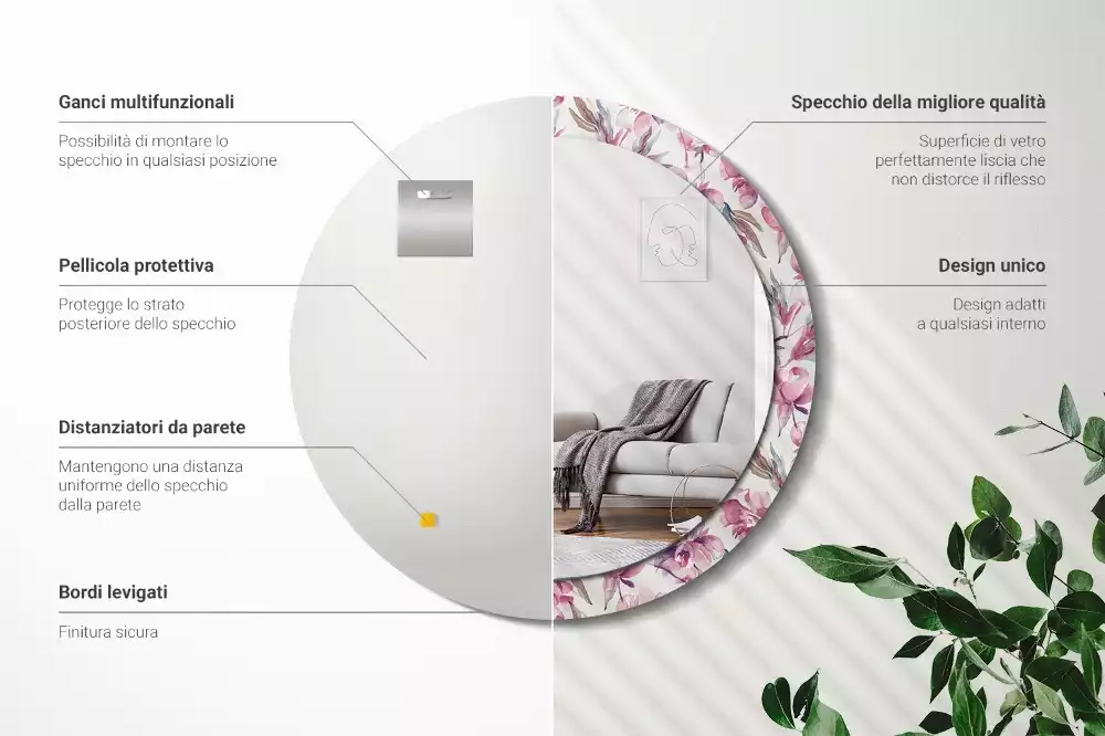 Oglindă cu decor rotundă Bujori flori