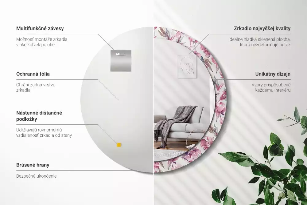 Oglindă cu decor rotundă Bujori flori