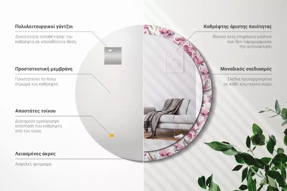 Oglindă cu decor rotundă Bujori flori