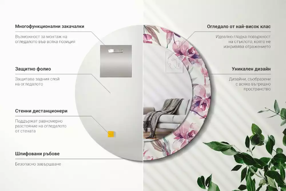 Oglindă cu decor rotundă Bujori flori