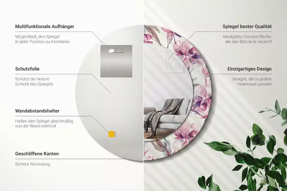 Oglindă cu decor rotundă Bujori flori