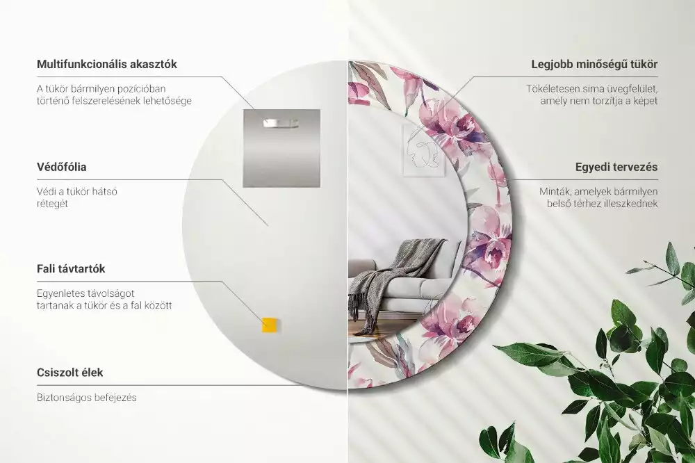Oglindă cu decor rotundă Bujori flori