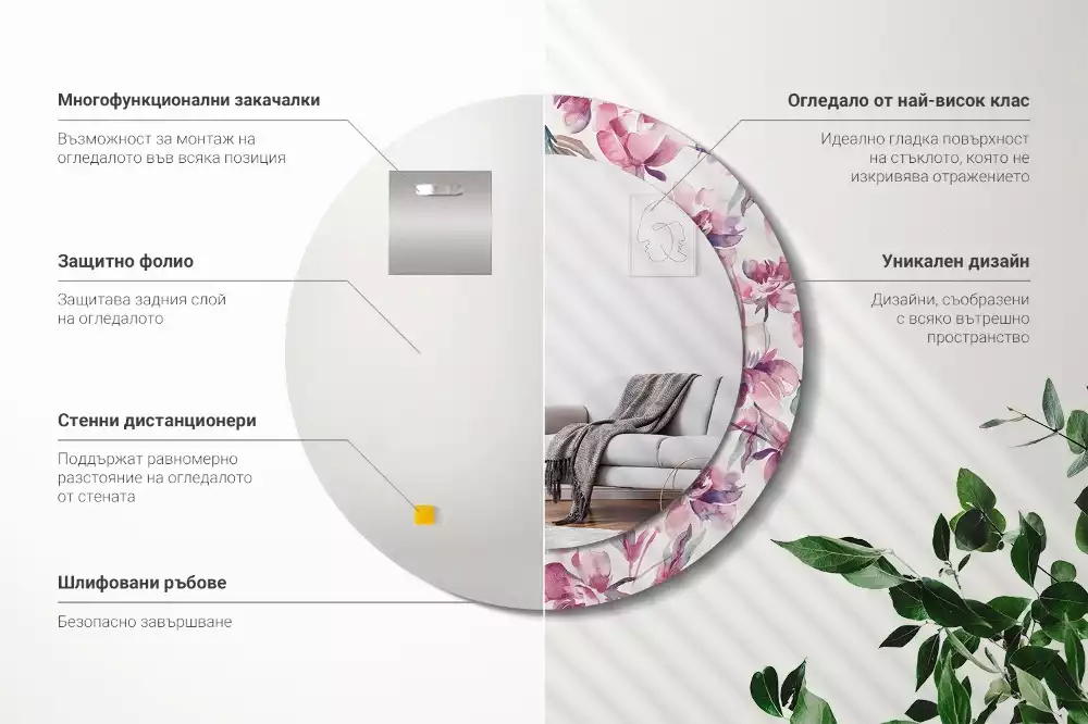 Oglindă cu decor rotundă Bujori flori