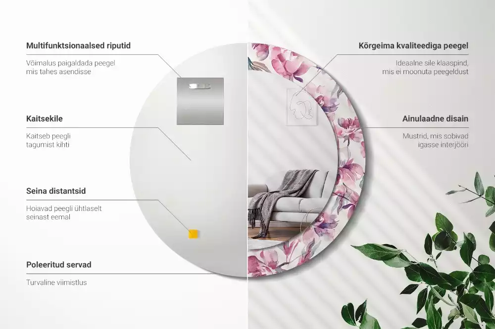 Oglindă cu decor rotundă Bujori flori