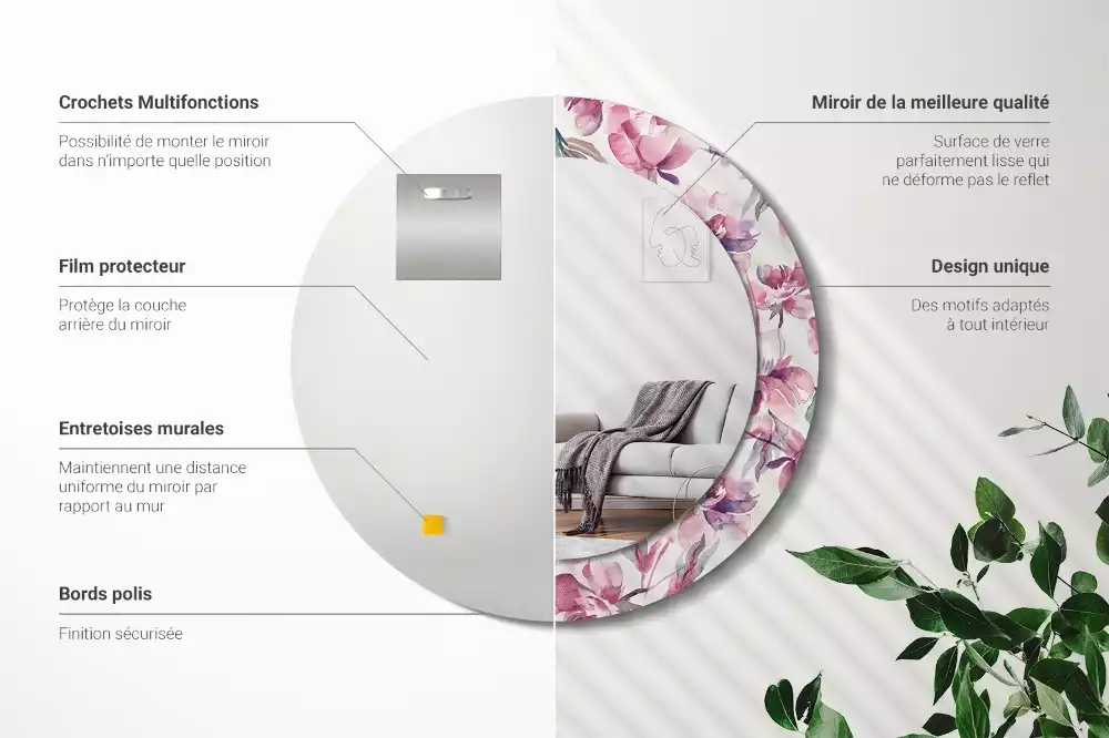 Oglindă cu decor rotundă Bujori flori