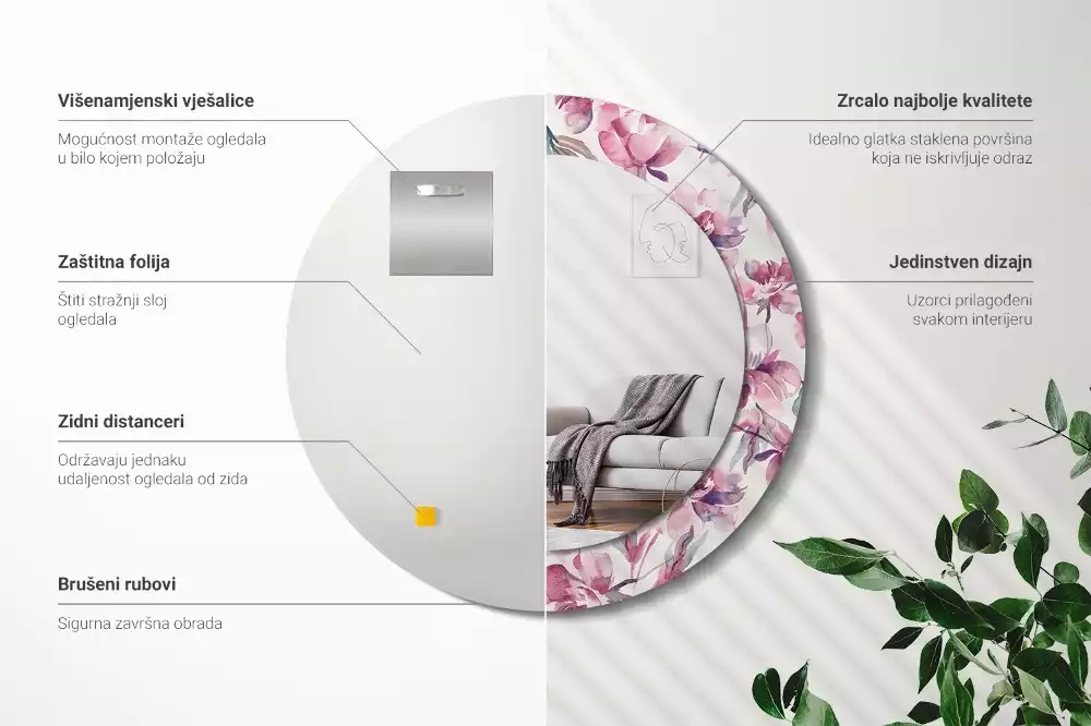 Oglindă cu decor rotundă Bujori flori