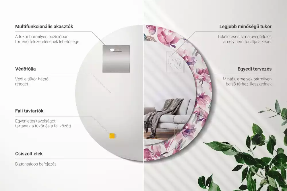 Oglindă cu decor rotundă Bujori flori