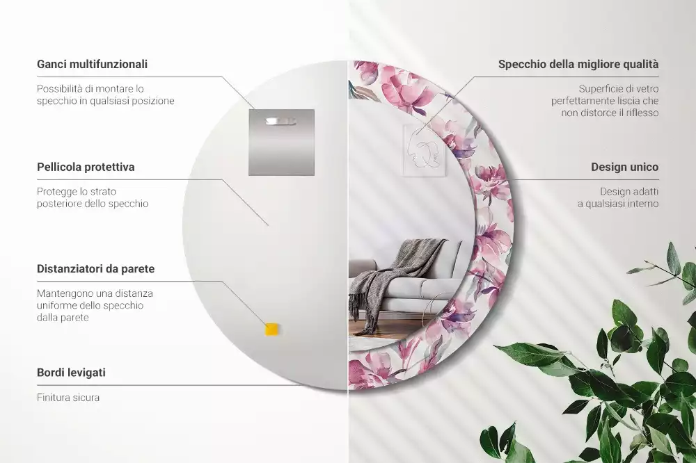 Oglindă cu decor rotundă Bujori flori