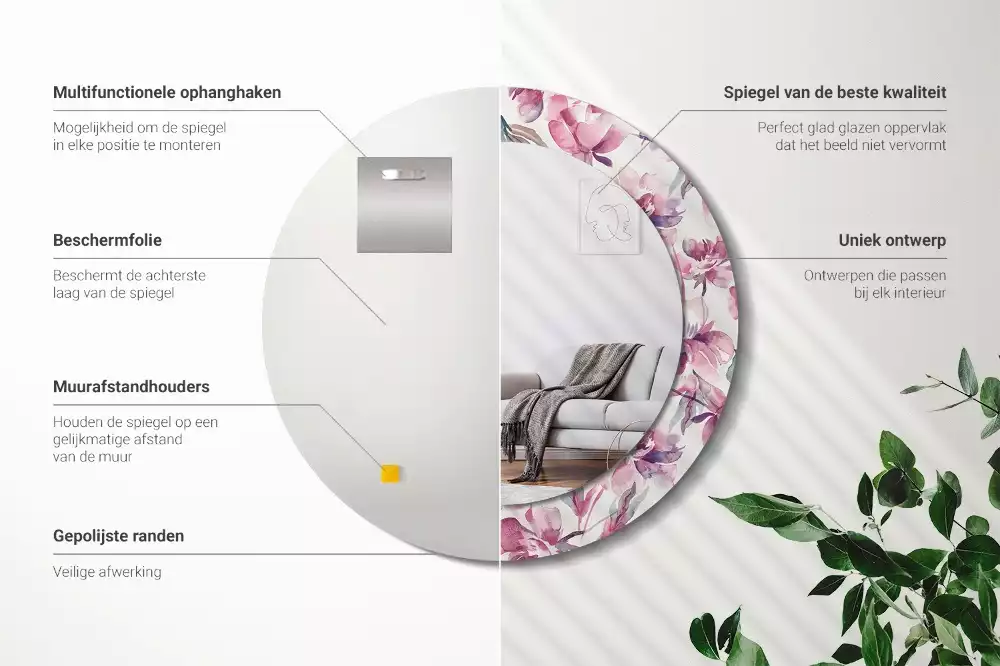 Oglindă cu decor rotundă Bujori flori