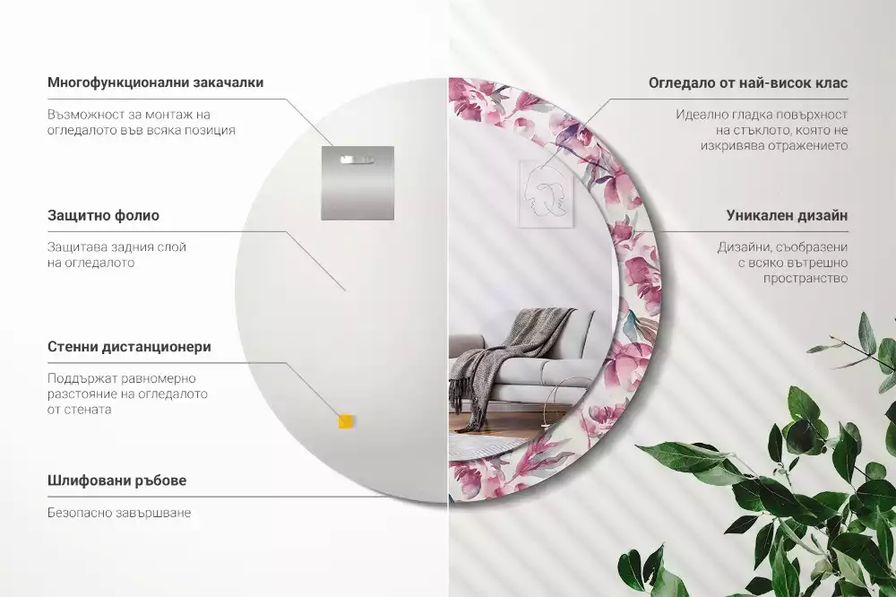 Oglindă cu decor rotundă Bujori flori