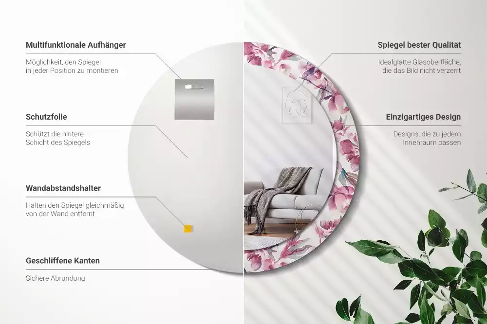 Oglindă cu decor rotundă Bujori flori