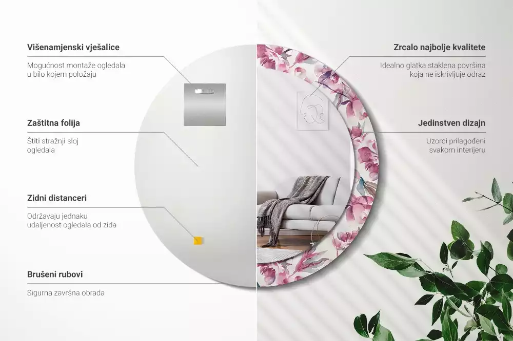 Oglindă cu decor rotundă Bujori flori