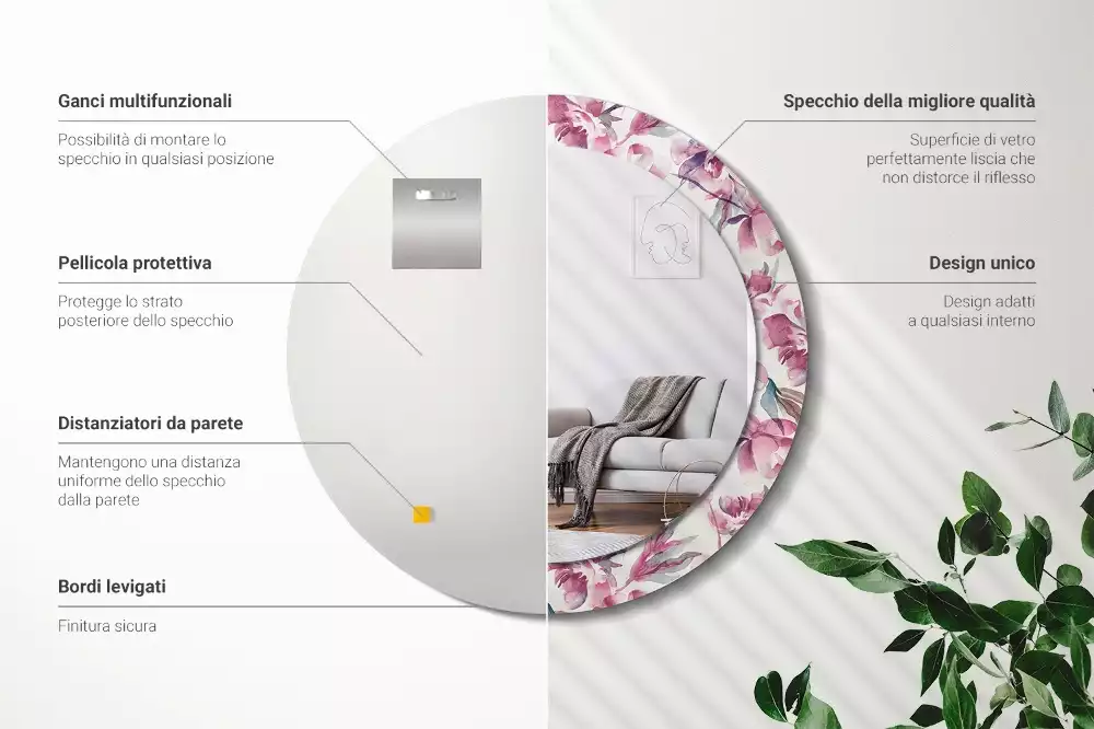 Oglindă cu decor rotundă Bujori flori