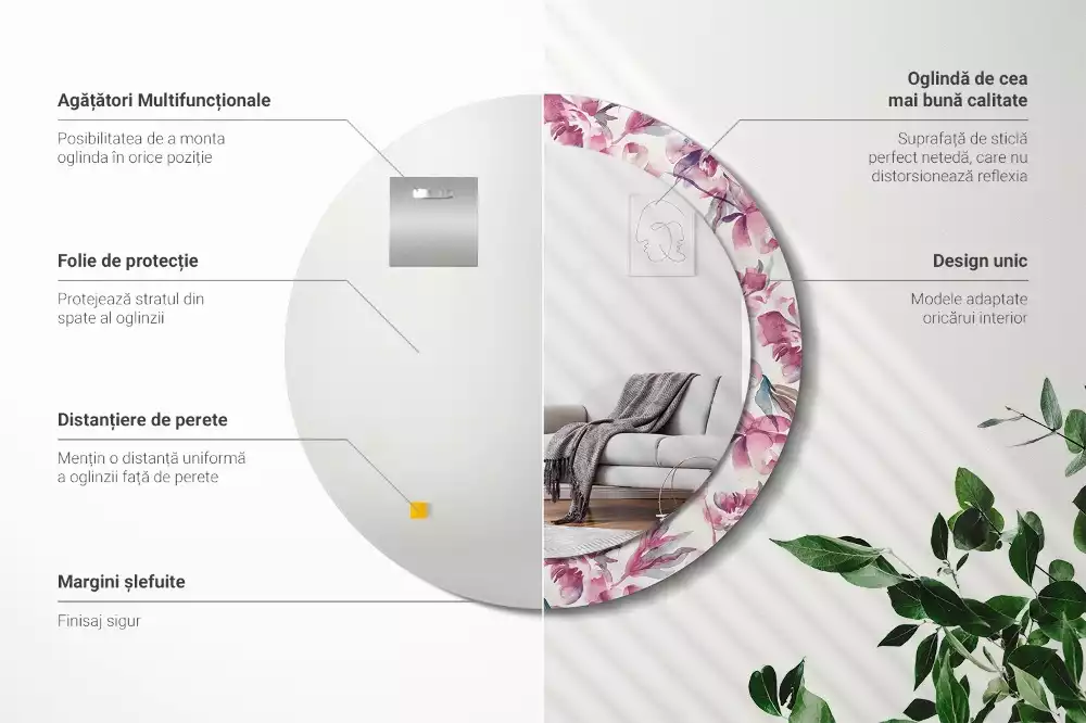 Oglindă cu decor rotundă Bujori flori