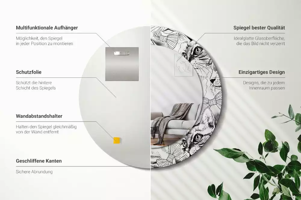 Oglindă rotundă ramă cu imprimeu Pisici