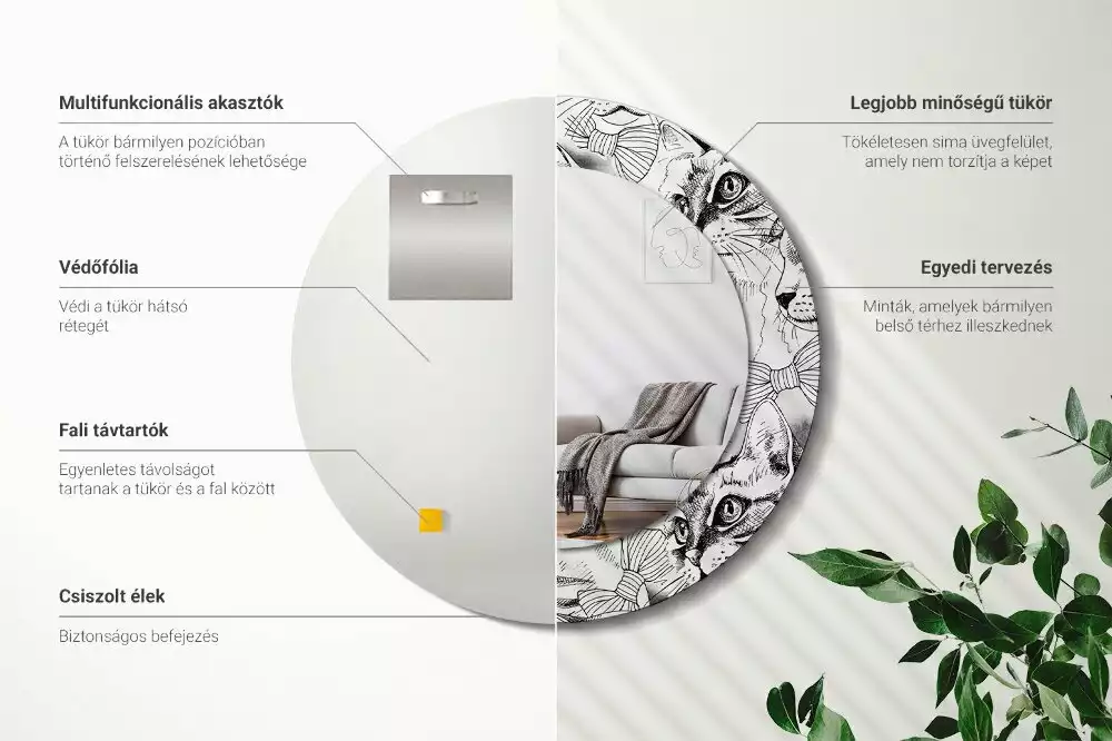 Oglindă rotundă ramă cu imprimeu Pisici